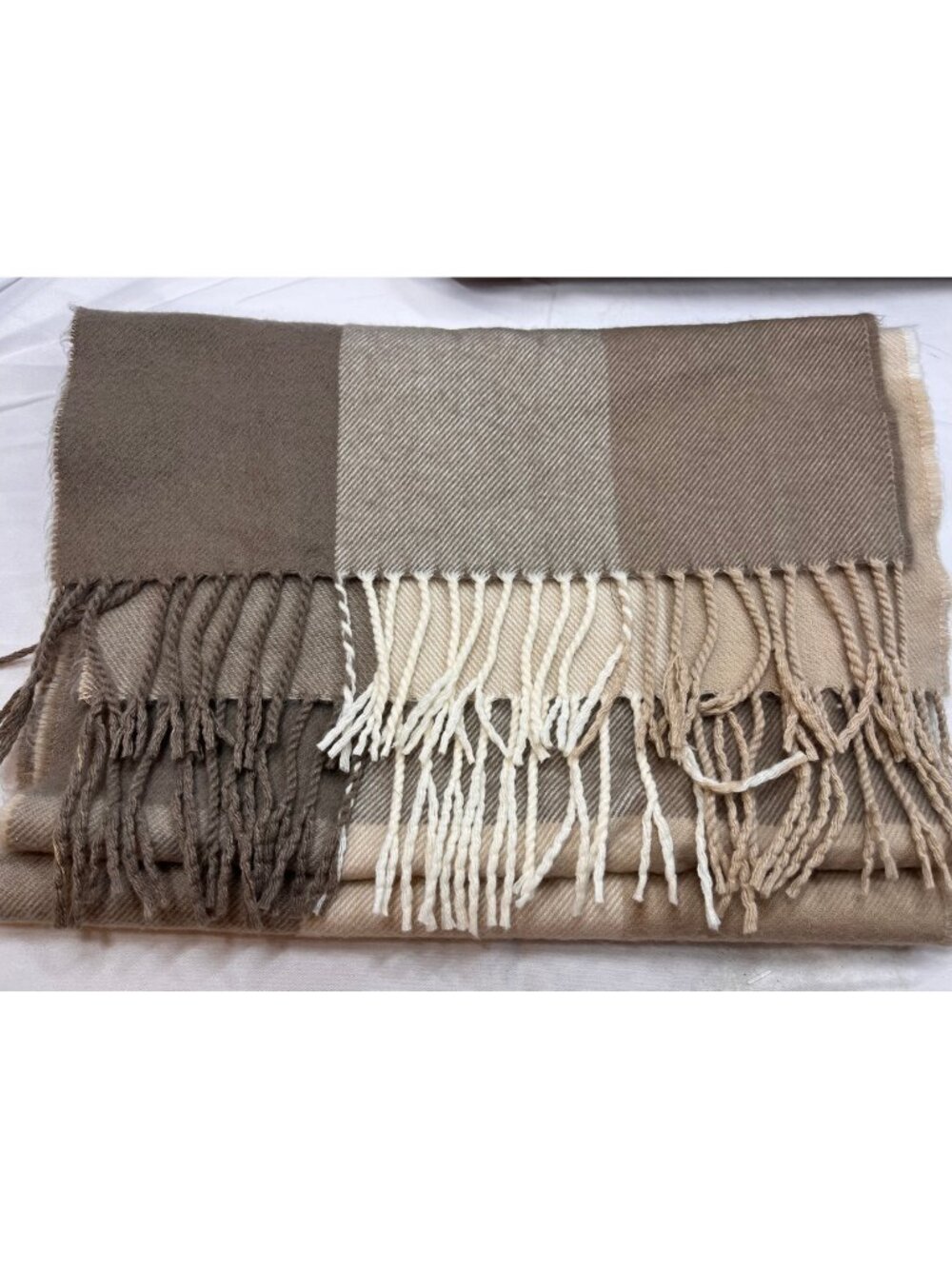 100% Cashmere Plaid Scarf Made in England Brown Beige